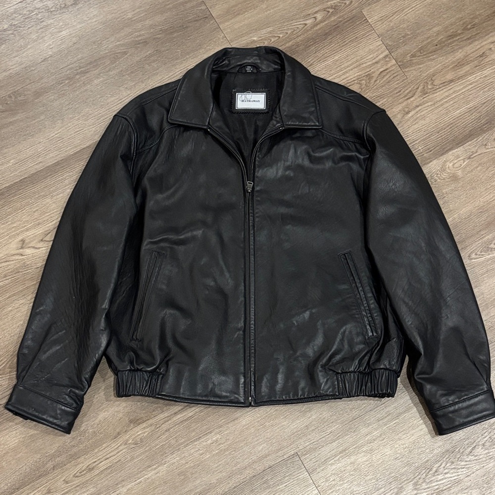 New Hathaway Classic Men’s Black Leather Bomber Jacket Coat